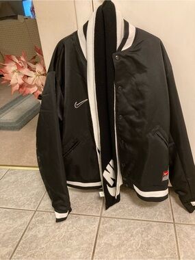 Nike large Black and White Satin Varsity Jacket with Swoosh